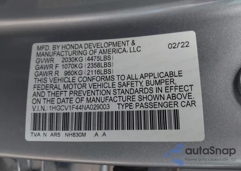 2022 Honda Accord Sport Special Edition z USA, uszkodzony, nr VIN 1HGCV1F44NA029003